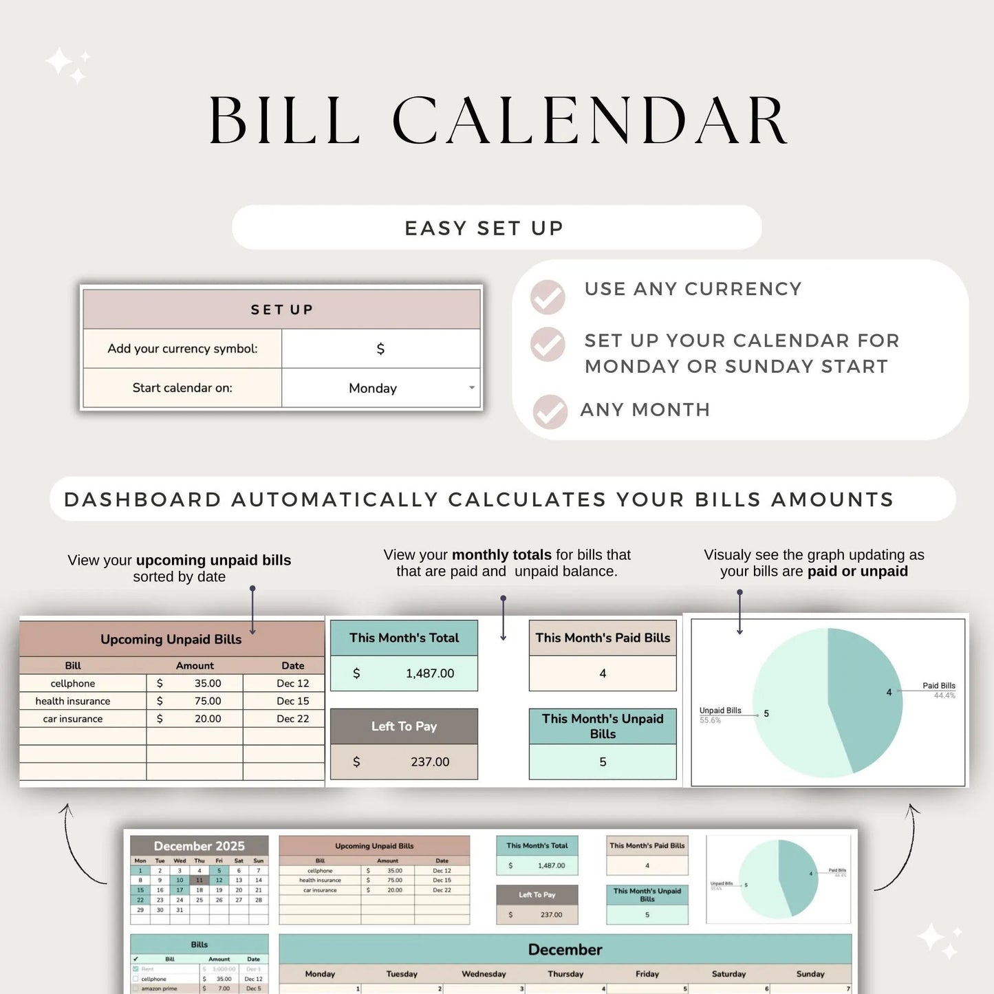 Bill Tracker Spreadsheet Google Sheets, Bill Calendar, Monthly bill tracker, Bill payment tracker, Bill Organizer, Budget Tracker, Bills