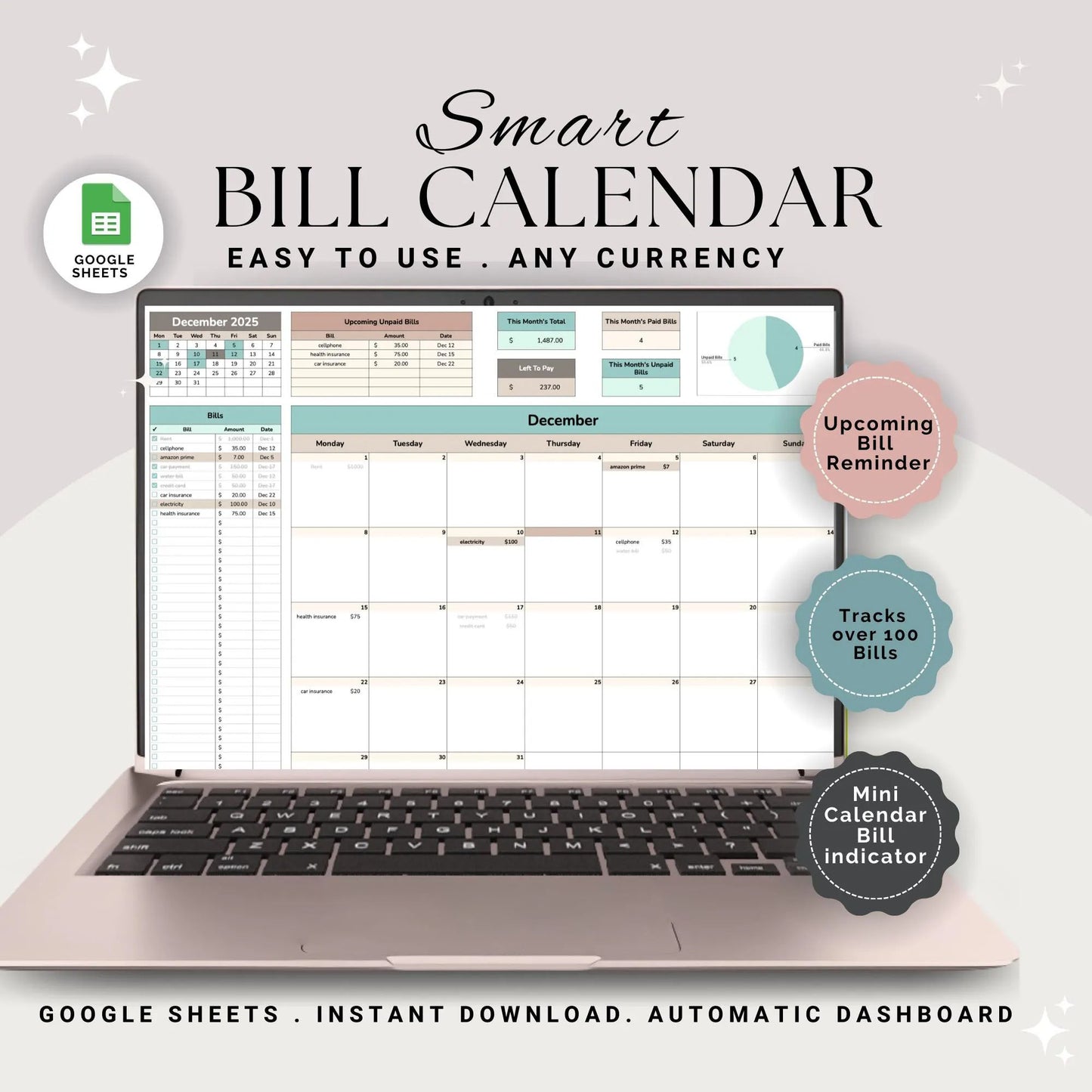 Bill Tracker Spreadsheet Google Sheets, Bill Calendar, Monthly bill tracker, Bill payment tracker, Bill Organizer, Budget Tracker, Bills