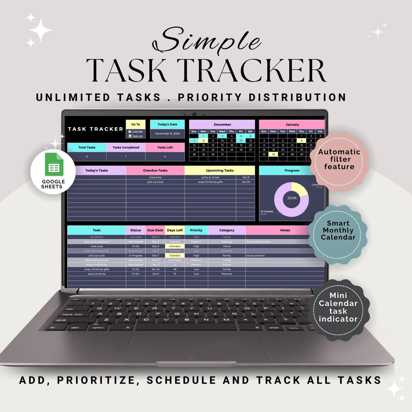 Task tracker Spreadsheet, Task Priority Tracker, To do list, Task Scheduler, Task Checklist, Smart Calendar, Task Management, Productivity
