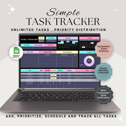Task tracker Spreadsheet, Task Priority Tracker, To do list, Task Scheduler, Task Checklist, Smart Calendar, Task Management, Productivity