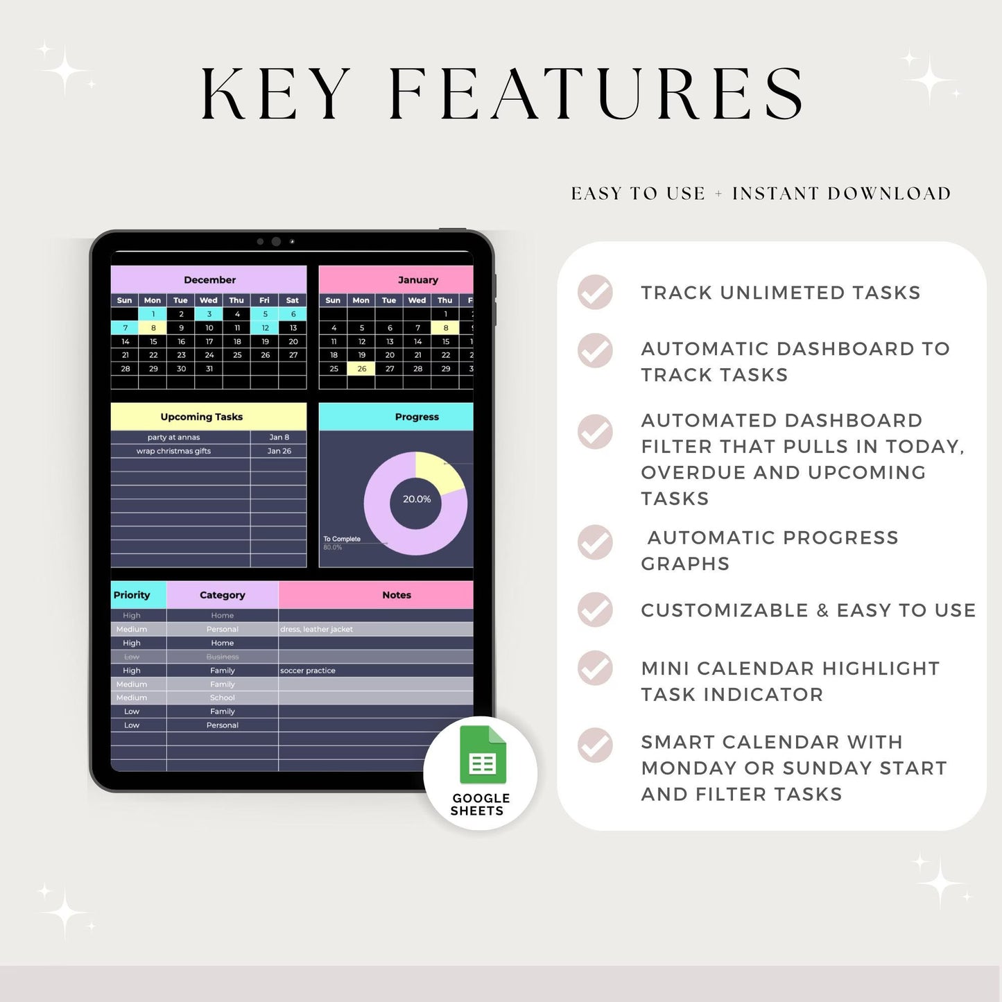 Task tracker Spreadsheet, Task Priority Tracker, To do list, Task Scheduler, Task Checklist, Smart Calendar, Task Management, Productivity