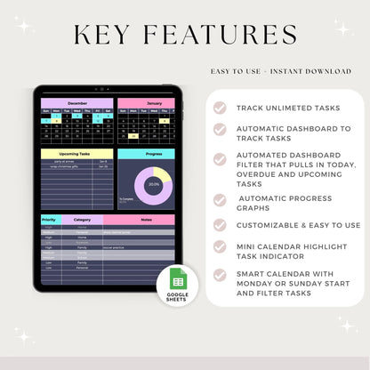 Task tracker Spreadsheet, Task Priority Tracker, To do list, Task Scheduler, Task Checklist, Smart Calendar, Task Management, Productivity