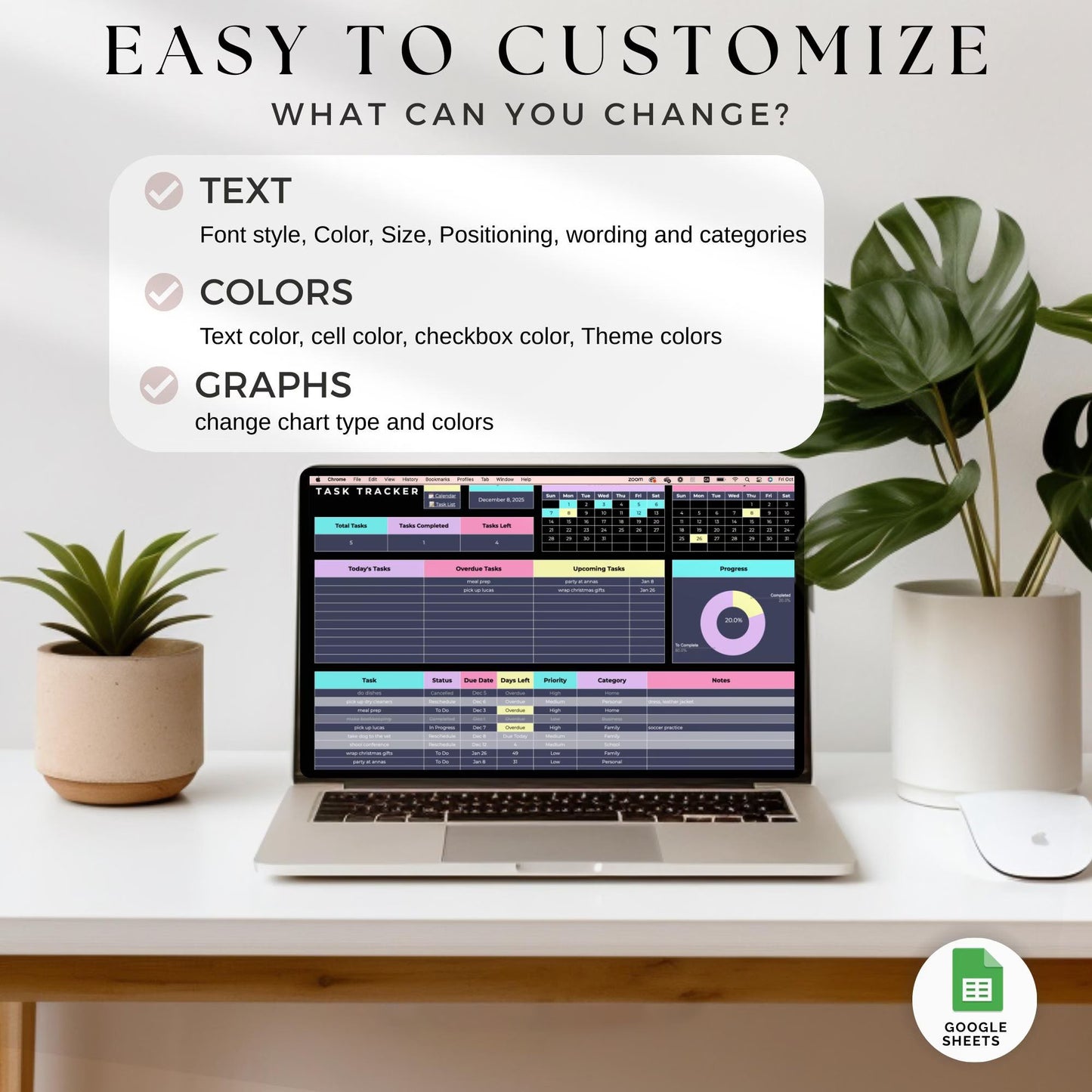 Task tracker Spreadsheet, Task Priority Tracker, To do list, Task Scheduler, Task Checklist, Smart Calendar, Task Management, Productivity