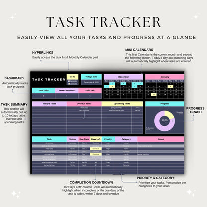 Task tracker Spreadsheet, Task Priority Tracker, To do list, Task Scheduler, Task Checklist, Smart Calendar, Task Management, Productivity