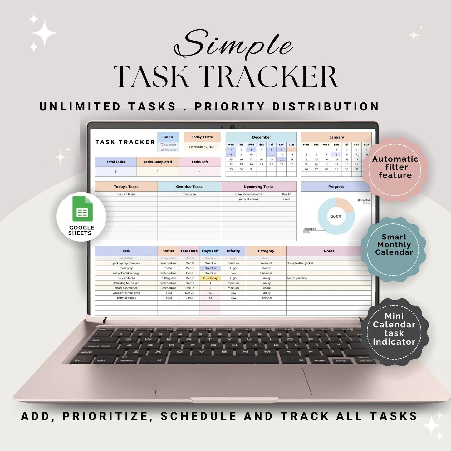 Simple Task tracker Spreadsheet, Task Priority Tracker, Task Management, Task Scheduler, Task Checklist, Smart Calendar Productivity Tracker