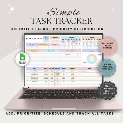 Simple Task tracker Spreadsheet, Task Priority Tracker, Task Management, Task Scheduler, Task Checklist, Smart Calendar Productivity Tracker
